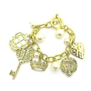 Juicy inspired key, crown, heart couture charms gold toggle bracelet 