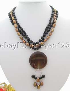3Strds Brown Pearl&Onyx&Jasper Pendant Necklace  