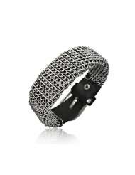Bling Jewelry Mesh Chain Black Leather Bucklet Wrap Bracelet