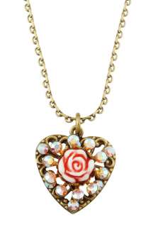 Michal Negrin Vintage Rose Heart Pendant made with Red Crystals  