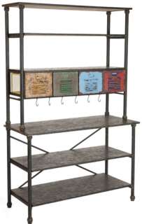 This distressed metal potting bench has 4 colorful drawers and shelves 