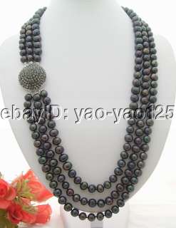 Charming  27 30 10MM Black Pearl Necklace Rhinestone Clasp