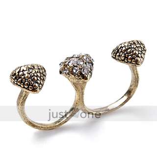   Ring Exquisite Retro Vintage Style Golden 2 Fingers w 3 Hearts in 1