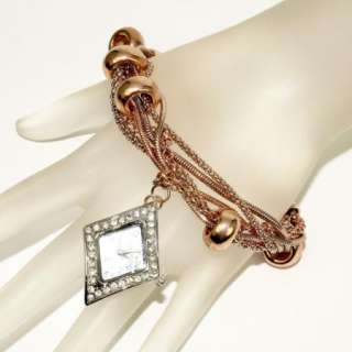Rose Gold BEADED CHAIN Crystal Bezel Silver Face Charm Bracelet Watch 