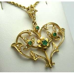   Colombian Emerald & Seed Pearl Heart Shaped Pendant 