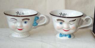   Cups Winking Smiley Faces Man with Bow Tie, and Lady with Necklace