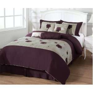 com Comforter Set 7pc Applique Embroidery Purple Flower & Beige Queen 