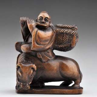 Carved Boxwood Netsuke Wood Carving Cowboy Ride Cow  