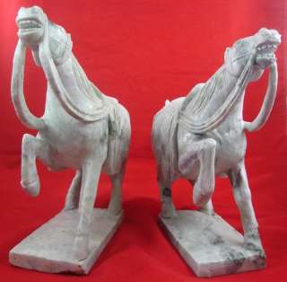 Antique CHINESE JADE TANG SADDLED HORSE PAIR White Green Reins Saddle 