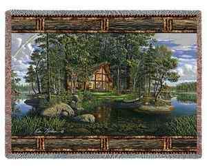 COUNTRY LODGE LOG CABIN TAPESTRY THROW AFGHAN BLANKET  