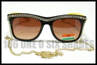 CELEBRITY Gold Chain Thick Horn Rimmed Sunglasses BLACK and YELLOW 80 