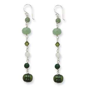   Silver Aventurine/Jade/Cultured Pearl/Green Crystal Earrings Jewelry