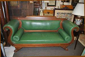 Empire Rolled Arm Mahogany Sofa with Green Leather Upholstery  