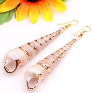   White Spiral Sea Shell Bead Golden Line Dangling Hoop Long Earrings