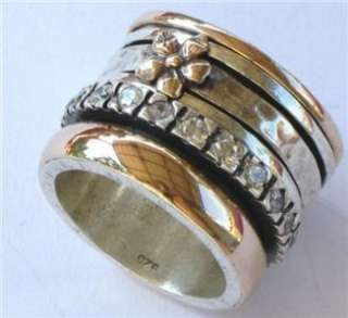 Israeli wide band woman spinner ring flower silver gold  