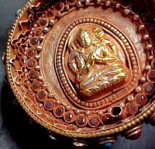 Tibetan Amulet Gold Silver Emeralds Rubies w/ Chenrezig  